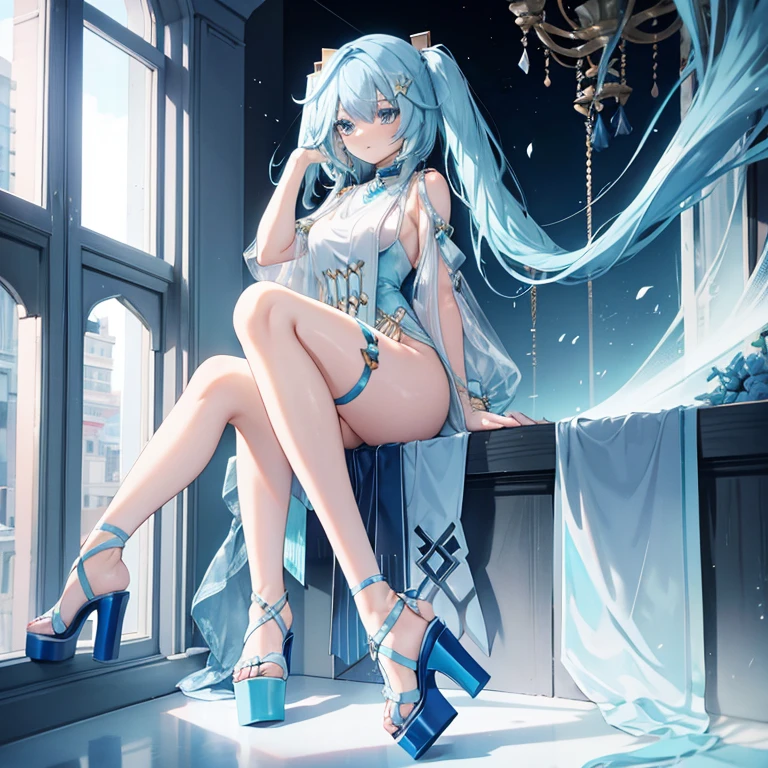 Faruzan light blue hair with long pigtails in sexy light blue stripper platform open toe high heels on the side 