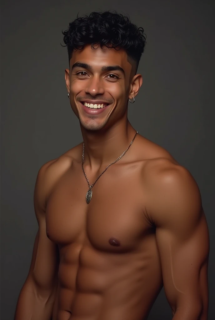 A man, brown skin, red eyes, short black hair, chain earring in his right ear, athletic physique, smile on his face, young man in his 20s, Full body, tall, hard cock