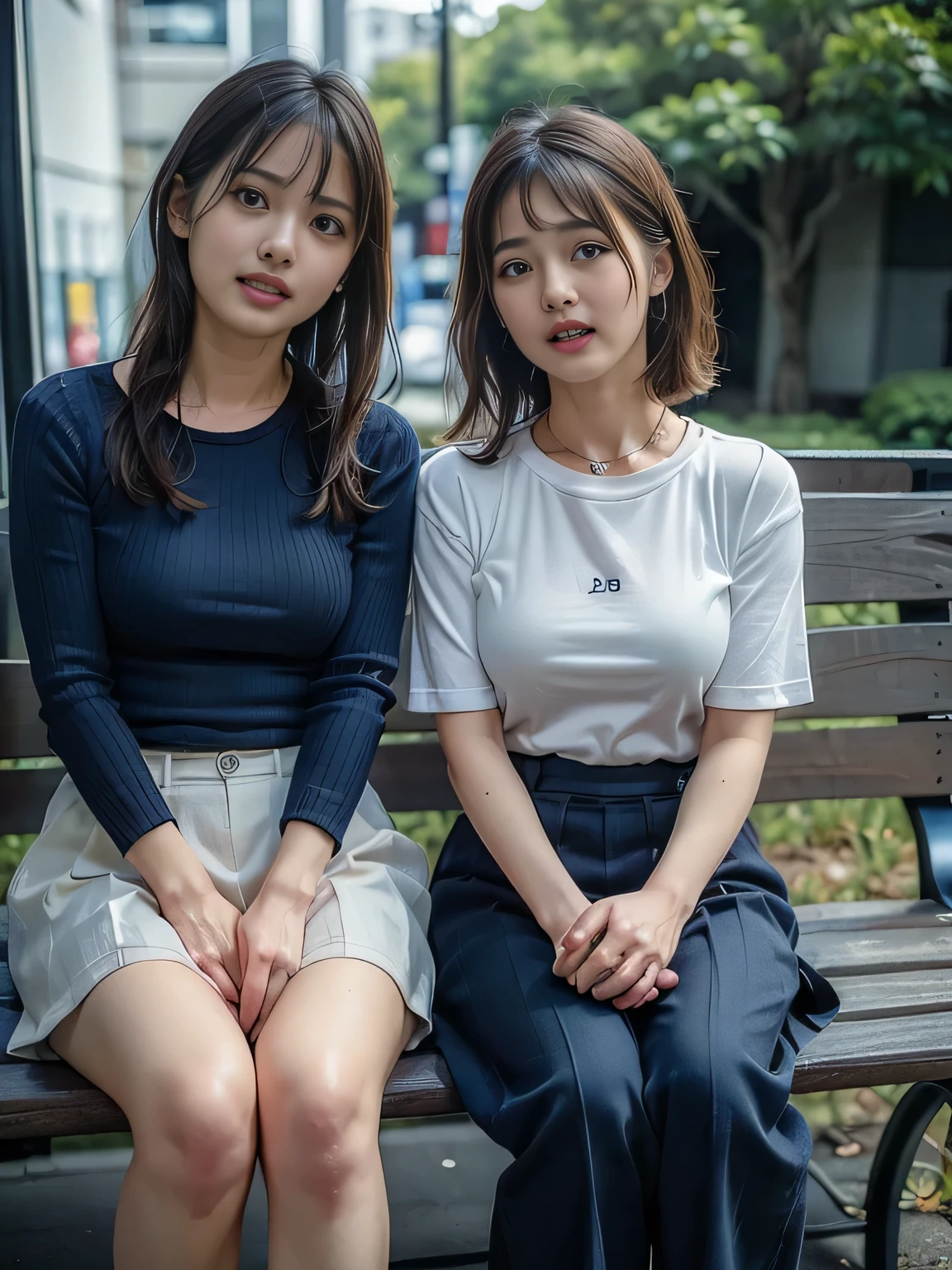 (high quality), (Realistic photos)、１male、１woman、((No audience:1.5))、((Outdoor:1.5))、((Park bench:1.3))、((Young Japanese couple arguing face to face:1.4))、((Angry Japanese woman and a Japanese male trying to talk to her:1.4)) 、((White short sleeveＴWoman wearing a shirt:1.4))、((whiteＴMan in a shirt:1.4))、((A woman glares at a man:1.7))、((A woman wearing a denim skirt that accentuates her thighs:1.4))、((White short sleeveＴWoman wearing a shirt:1.4))、((Woman with a terrified expression:1.4))、