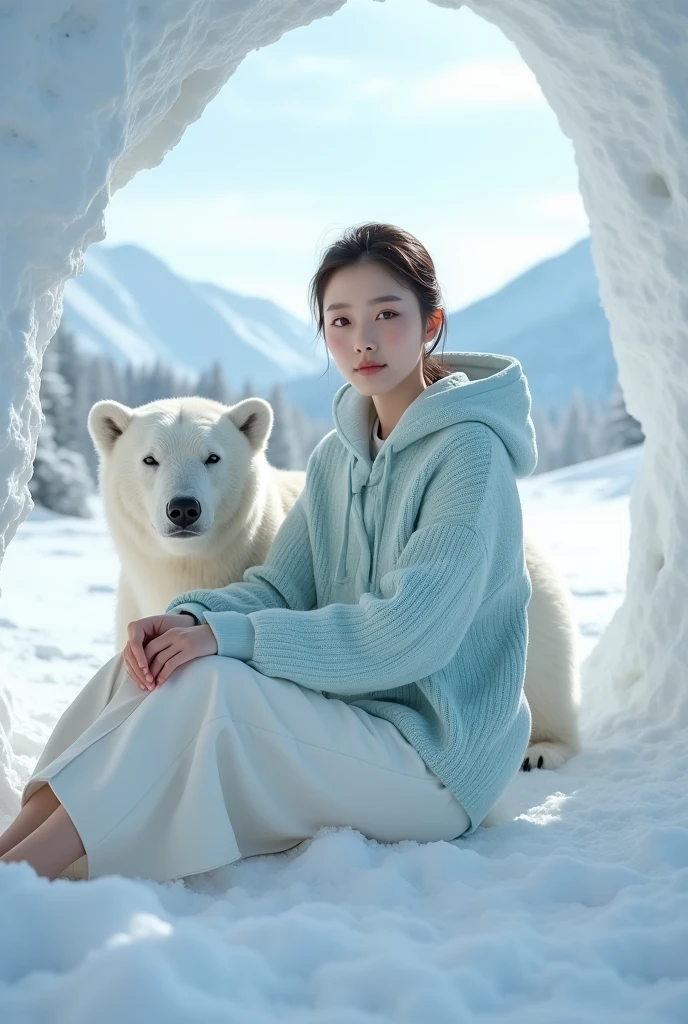 Beautiful Korean woman with pure white skin, smooth ears, wearing a light blue knitted hoodie, white culottes holding a white bear, next to a white bear, sitting on the snow, snow cave with a background of snow fields, snow mountains, snow pine trees, photo original