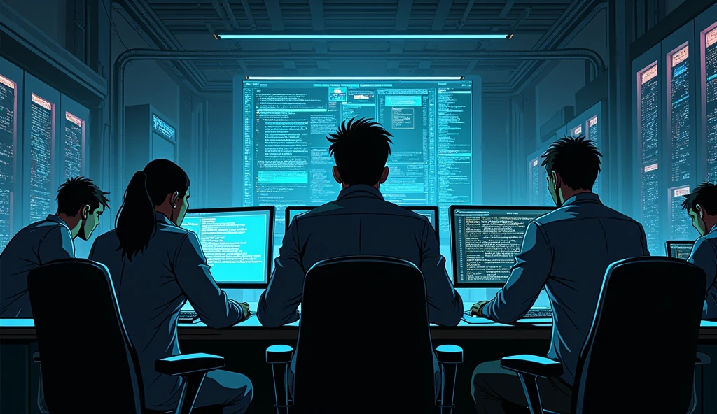 Begraund in hacking room , five mans use the computer, and cantrol network,