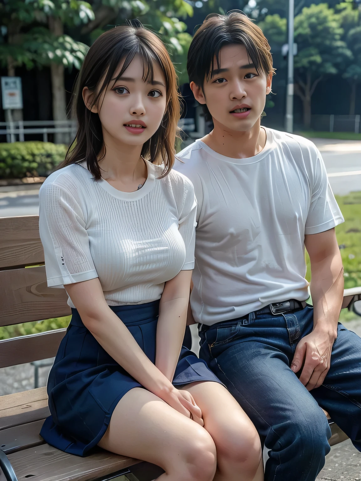 (high quality), (Realistic photos)、１male、１woman、((No audience:1.5))、((Outdoor:1.5))、((Park bench:1.********ung Japanese couple arguing face to face:1.4))、((Angry Japanese woman and a Japanese male trying to talk to her:1.4)) 、((White short sleeveＴWoman wearing a shirt:1.4))、((whiteＴMan in a shirt:1.4))、((A woman glares at a man:1.7))、((A woman wearing a denim skirt that accentuates her thighs:1.4))、((White short sleeveＴWoman wearing a shirt:1.4))、((Woman with a terrified expression:1.4))、