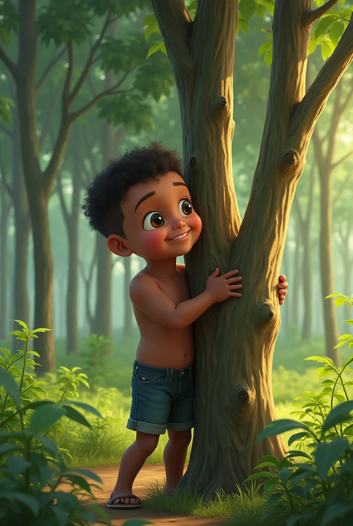 Make a picture of a boy with an oval head. It was a black skin and was hugging a nearby tree.In the rubber plantation.skinhead hair .he is 13 year old.he is happy.