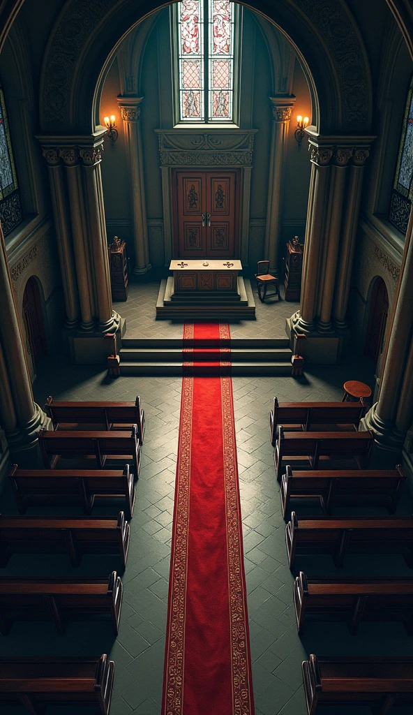 vampire the masquerade, map rpg, ((Map of the interior of a church, with a double door, altar for jesus.)), game art, birdseye straight top-down shot from a drone, battlemap, current modern theme, seen from above, role-playing game, empty location, nighttime environment, (with realistic proportions and textures, intricate details, handdrawn, vibrant, cinematic lighting, masterpiece, 8k:1.2)