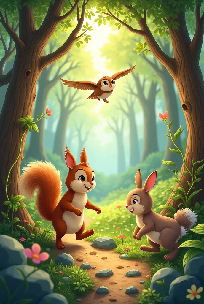 The friends squirrel , rabbit and owl discovering the obstacles on the way to the meadow. --u v