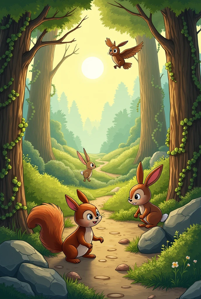 The friends  squirrel , rabbit  and owl discovering the obstacles on the way to the meadow. --u v