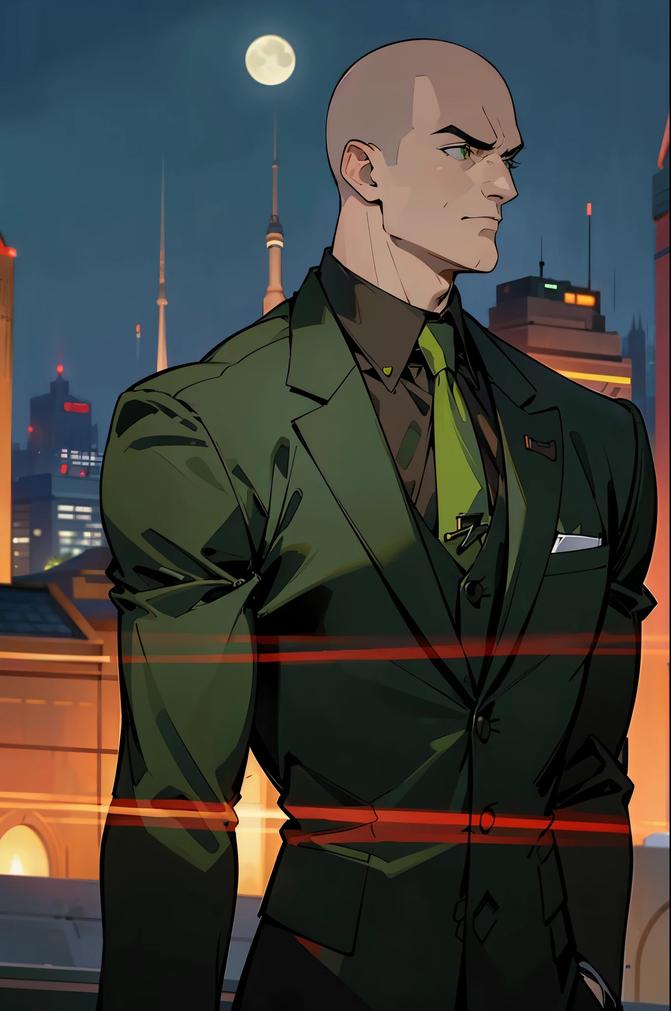 1 man, solo, upper body shot, Lex Luthor, middle-aged man, bald head, square jawline, lean muscle, broad shoulder, emotionless face, bald head, no hair, wearing a black suit, bright green tie, black dresshirt, city in the background, dusk, view from behind the back, side face, turn head, green eyes, moon light