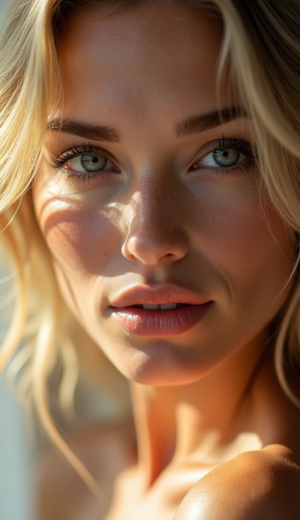 a beautiful blonde woman, sensual, beautiful, daylight, semi-nude, extremely detailed facial features, hyperrealistic, (best quality,4k,8k,highres,masterpiece:1.2),ultra-detailed,(realistic,photorealistic,photo-realistic:1.37),detailed eyes,detailed lips,long eyelashes,beautiful skin,delicate features,soft lighting,warm colors,natural setting,studio lighting