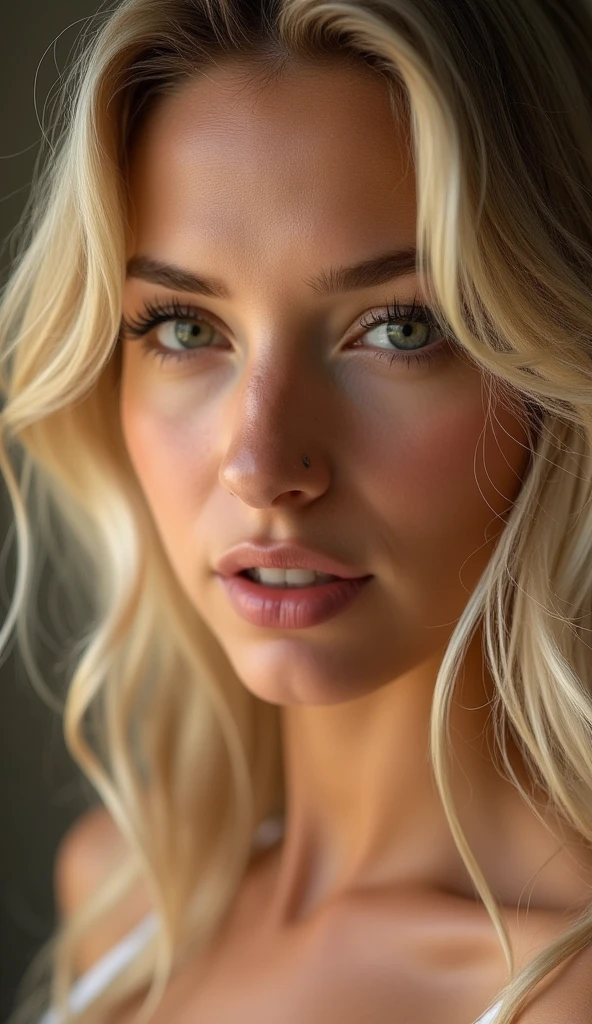 a beautiful blonde woman, sensual, beautiful, daylight, semi-nude, extremely detailed facial features, hyperrealistic, (best quality,4k,8k,highres,masterpiece:1.2),ultra-detailed,(realistic,photorealistic,photo-realistic:1.37),detailed eyes,detailed lips,long eyelashes,beautiful skin,delicate features,soft lighting,warm colors,natural setting,studio lighting