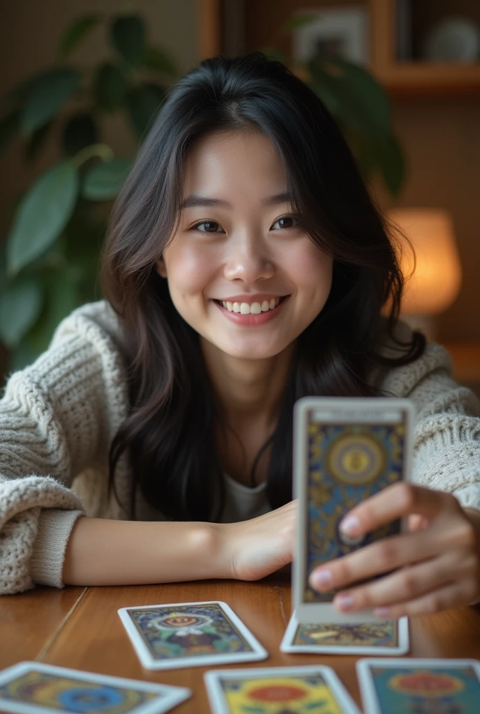 Tarot cards on the table。A fair-skinned young Japanese woman taking a selfie with tarot cards in front of her。smile。Selfie style。