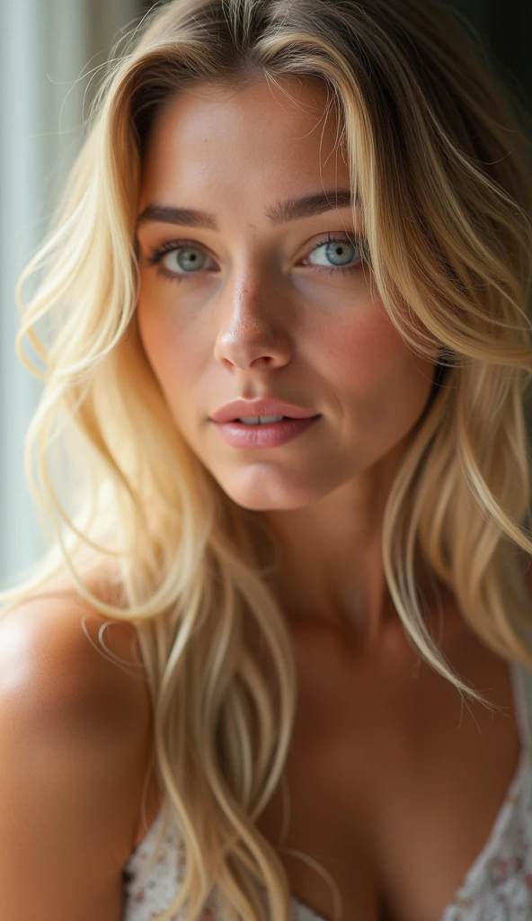 blonder woman, sensuous, pretty, Day Light, semi-new, detalhes faciais, hyperrealistic
