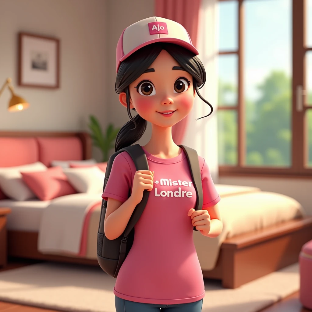 3D cartoon, HD, a Chinese woman as a laundry courier, wearing a pink shirt with text logo MISTER LONDRE no image just text, carrying a BACKPACK, the title says AYO CUCI TAS , background in bedroom, long shoot
