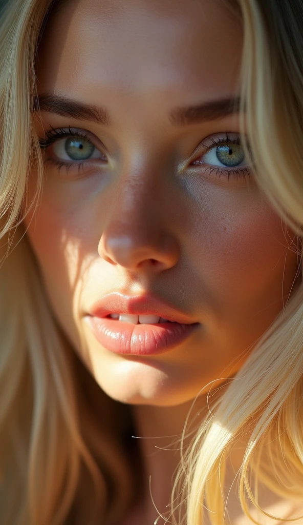 a beautiful blonde woman, sensual, beautiful, daylight, nude, extremely detailed facial features, hyperrealistic, (best quality,4k,8k,highres,masterpiece:1.2),ultra-detailed,(realistic,photorealistic,photo-realistic:1.37),detailed eyes,detailed lips,long eyelashes,beautiful skin,delicate features,soft lighting,warm colors,natural setting,studio lighting