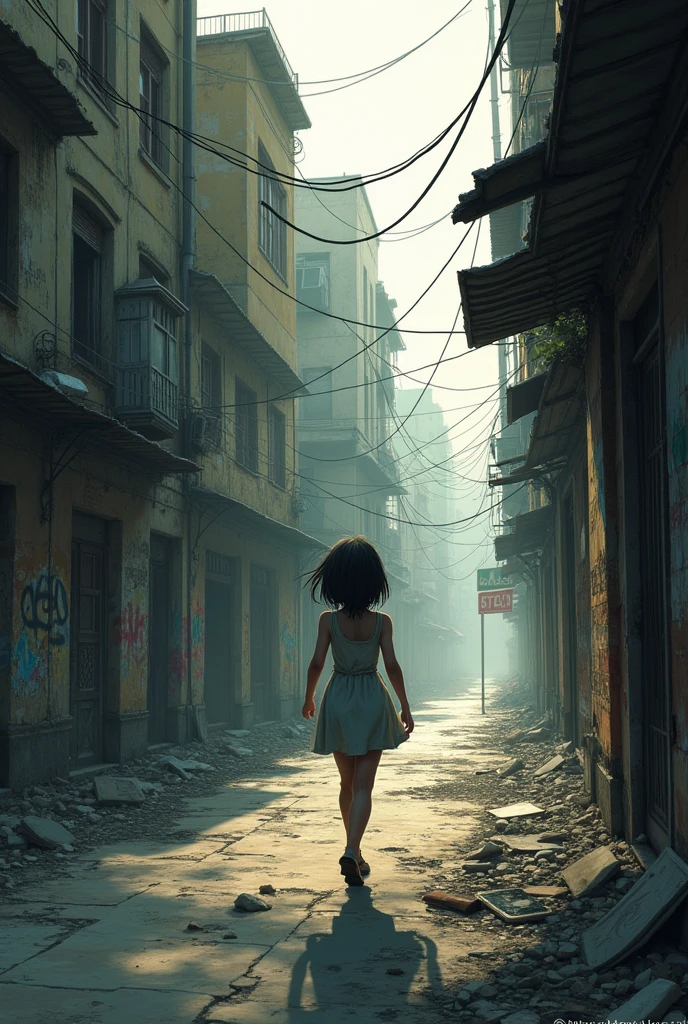 Image of a girl walking in profile and behind her deteriorated buildings and graffiti
