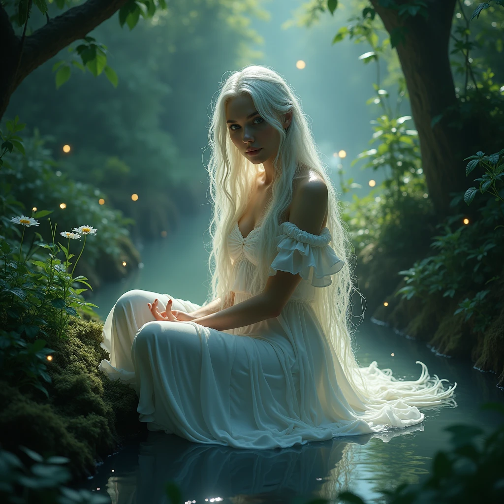 A woman with long white hair, I want her sitting there wearing a wet white cotton dress,she will be sitting on the grass of an enchanted garden,there will be a river with fireflies,I want an aura coming from her,I want the image to look like a secret garden and I want the atmosphere to be closed off.,I want her half fairy