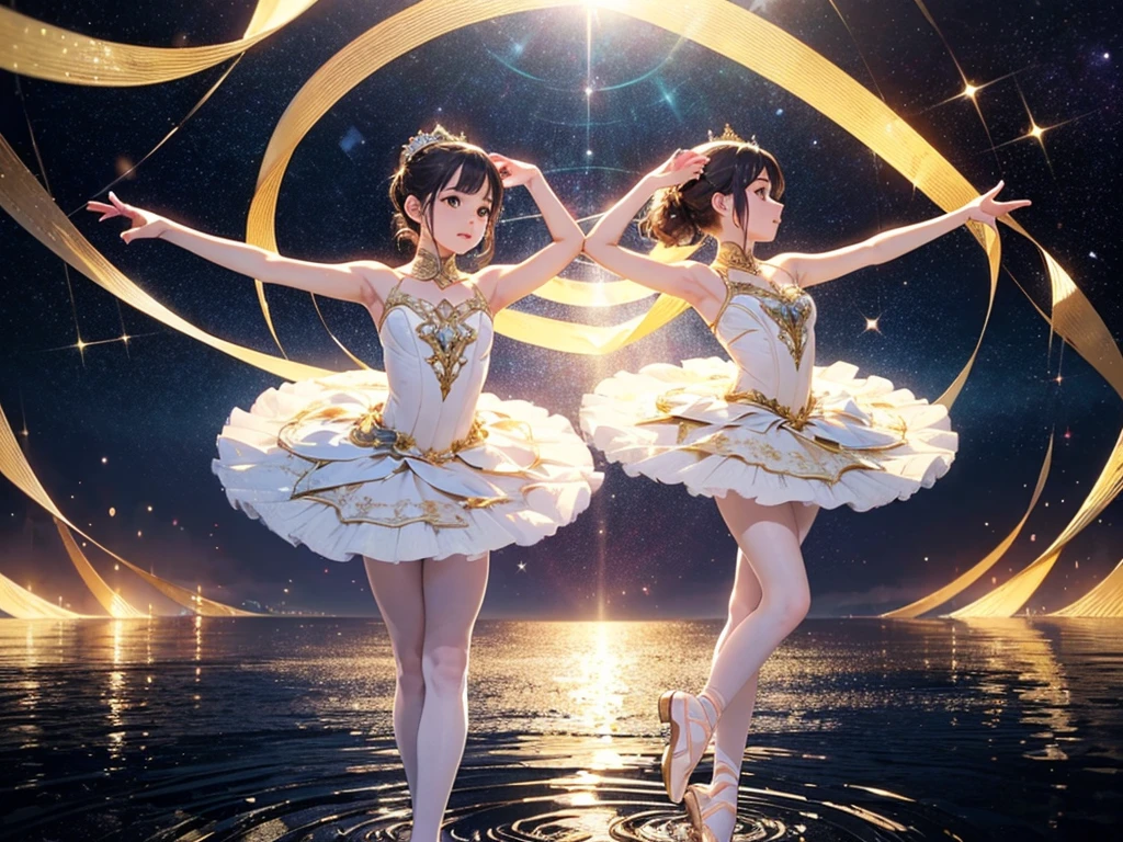 Absurd, High resolution, Super detailed、Panorama、Primaballerina_tutu、Ballerina doing an arabesque、Full Body Evian、Excellent anatomy、Realistically recreated poses、(((Extend one leg back for balance、腕を広げてuniverseを包み込む)))、She is wearing a swan-inspired tutu.、Ballet shoes、Standing on tiptoes、Beautiful pose、Ripples of light from beneath your feet.、Overall atmosphere、Light tones、Delicate texture、Beautiful and harmonious、Creating a fantastic space、Glitter、universe、planet、deep