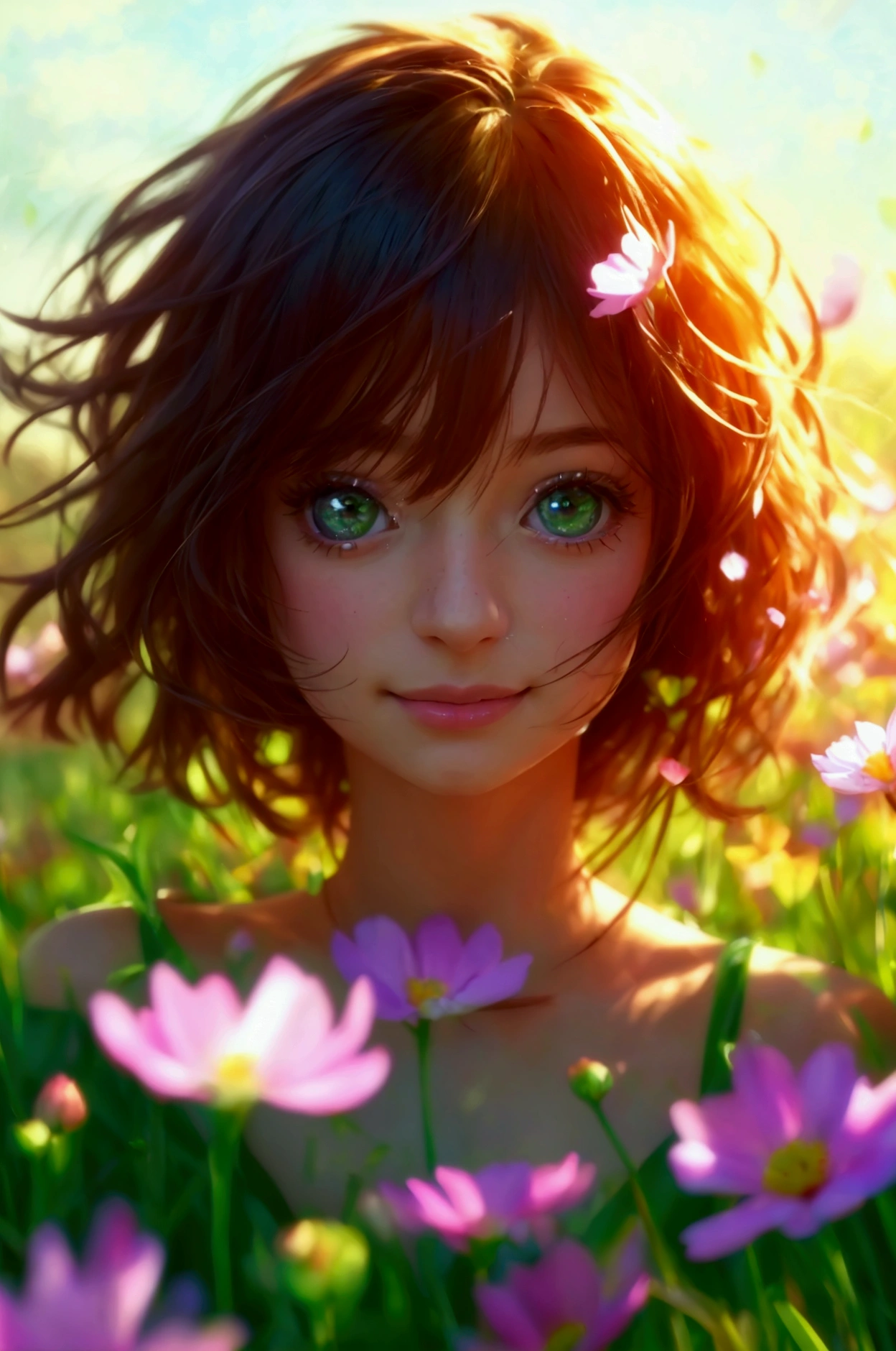 a happy girl in a field of flowers, (best quality,4k,8k,highres,masterpiece:1.2),ultra-detailed,(realistic,photorealistic,photo-realistic:1.37),beautiful detailed eyes,beautiful detailed lips,extremely detailed eyes and face,longeyelashes,bright colorful flowers,warm sunshine,vibrant green grass,peaceful landscape,serene atmosphere,joyful expression,carefree pose,natural beauty