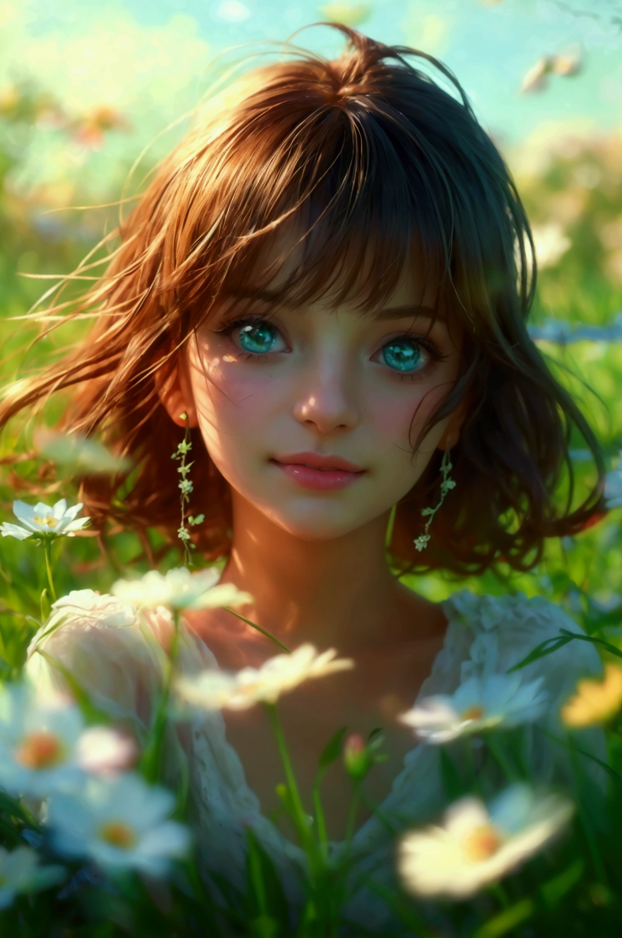 a happy girl in a field of flowers, (best quality,4k,8k,highres,masterpiece:1.2),ultra-detailed,(realistic,photorealistic,photo-realistic:1.37),beautiful detailed eyes,beautiful detailed lips,extremely detailed eyes and face,longeyelashes,bright colorful flowers,warm sunshine,vibrant green grass,peaceful landscape,serene atmosphere,joyful expression,carefree pose,natural beauty