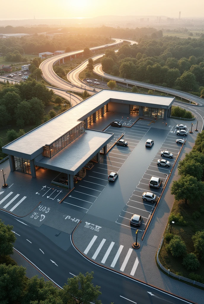 AutoCAD drawing of a (modern highway rest stop), featuring a (large parking area for cars and trucks), clearly marked parking spaces, main building with restrooms, convenience store, small café, flat roof, covered entrance, large glass windows, landscaped green areas with trees and benches, designated area for electric vehicle charging stations with appropriate signage, entrance and exit ramps connected to the highway, clear directional arrows, road markings, pedestrian walkways connecting the parking area to the main building, zebra crossings, evenly spaced lighting posts, warm ambient lighting with soft shadows during sunset, realistic environment with a clean and organized setting, muted earth-tone colors with natural greens and grays, 3/4 aerial view capturing both the parking area and main building, wide-angle perspective showing the overall layout, cinematic style with sharp, high-resolution details, 4K quality rendering, (10 hecta)