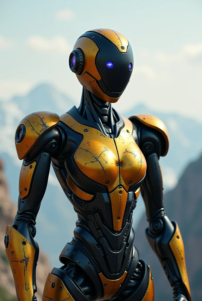 Gamma fused with rt-55j ,the day, mechanoloid with black and gold details, violet eyes, robot eggman, thin arms, armor redondeada, energy, scratched_armor, Aura, you think instead of hands, dramatic metallic boots, cliff, looking at the viewer, expressionless robotic face, detailed eyes, Best Quality,High resolution,ultra detailed,realist:1.37,professional,dynamic,sequence of images of something or something