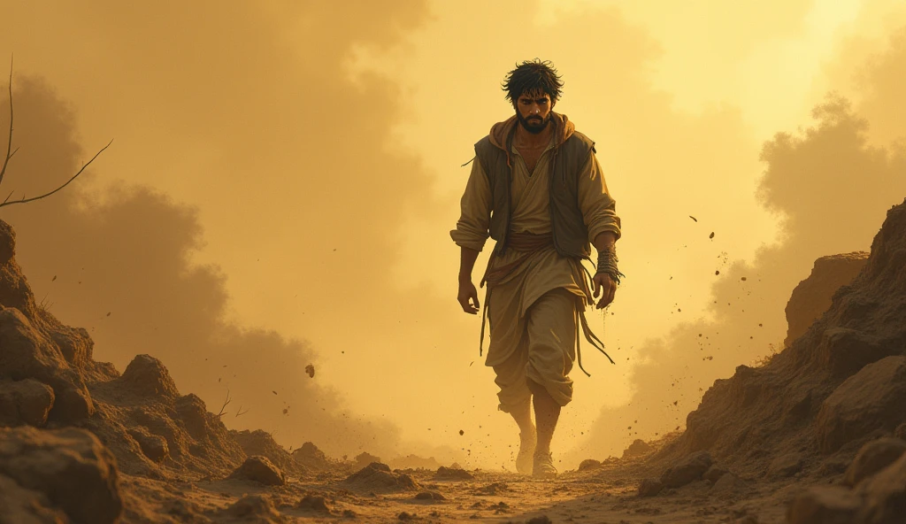 A young Indian man walking, dusty weather due to a storm, 1987, India،anima character, He works in a gold mine