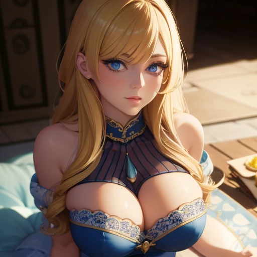 Princess girl, honey-blond-colored hair, blue-blue eyes, fair skin, curvy body, big breasts, on the castle, beautiful detailed eyes, beautiful detailed lips, extremely detailed face and eyes, long eyelashes, high quality, 8k, realistic, photorealistic, masterpiece, ultra-detailed, physically-based rendering, professional, vivid colors, warm lighting, full body