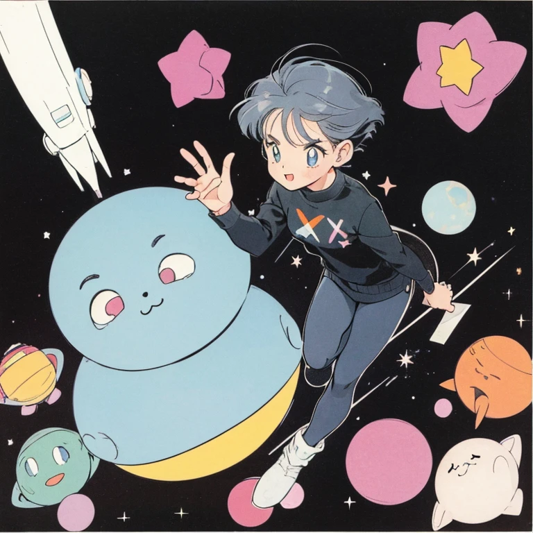 ((a cute girl)),gray hair,medium　short hair,black sweater,full body,flat fill,analogue,1990s,comic,Simple line art,retro anime,many colorful stars,night,space、no gravity,takahashi rumiko,simple、Very cute design、print、Simple Background、Paul Klee、Henri Matisse