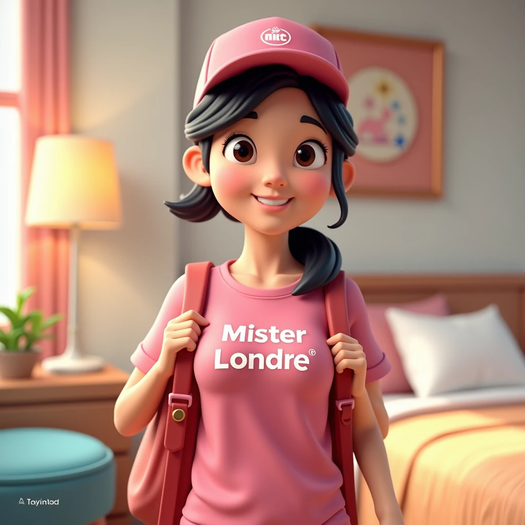 3D cartoon, HD, a Chinese woman as a laundry courier, wearing a pink shirt with text logo MISTER LONDRE no image just text, carrying a BACKPACK, the title says AYO CUCI TAS , background in bedroom, long shoot