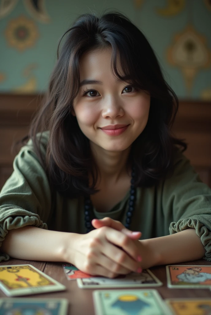 Selfie style。Tarot cards on the table。A fair-skinned young Japanese woman taking a selfie with tarot cards in front of her。Smiling。