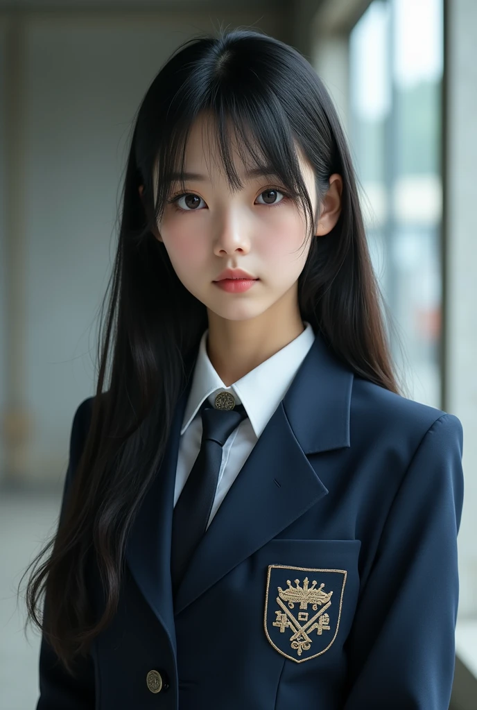 RAW Photos、high school girl、Showing the whole body、School uniforms、Long straight black hair、Center parted bangs、Japanese、Beauty、Big eyes、double eyelid、Highlight tear bags、High nose、Mine system