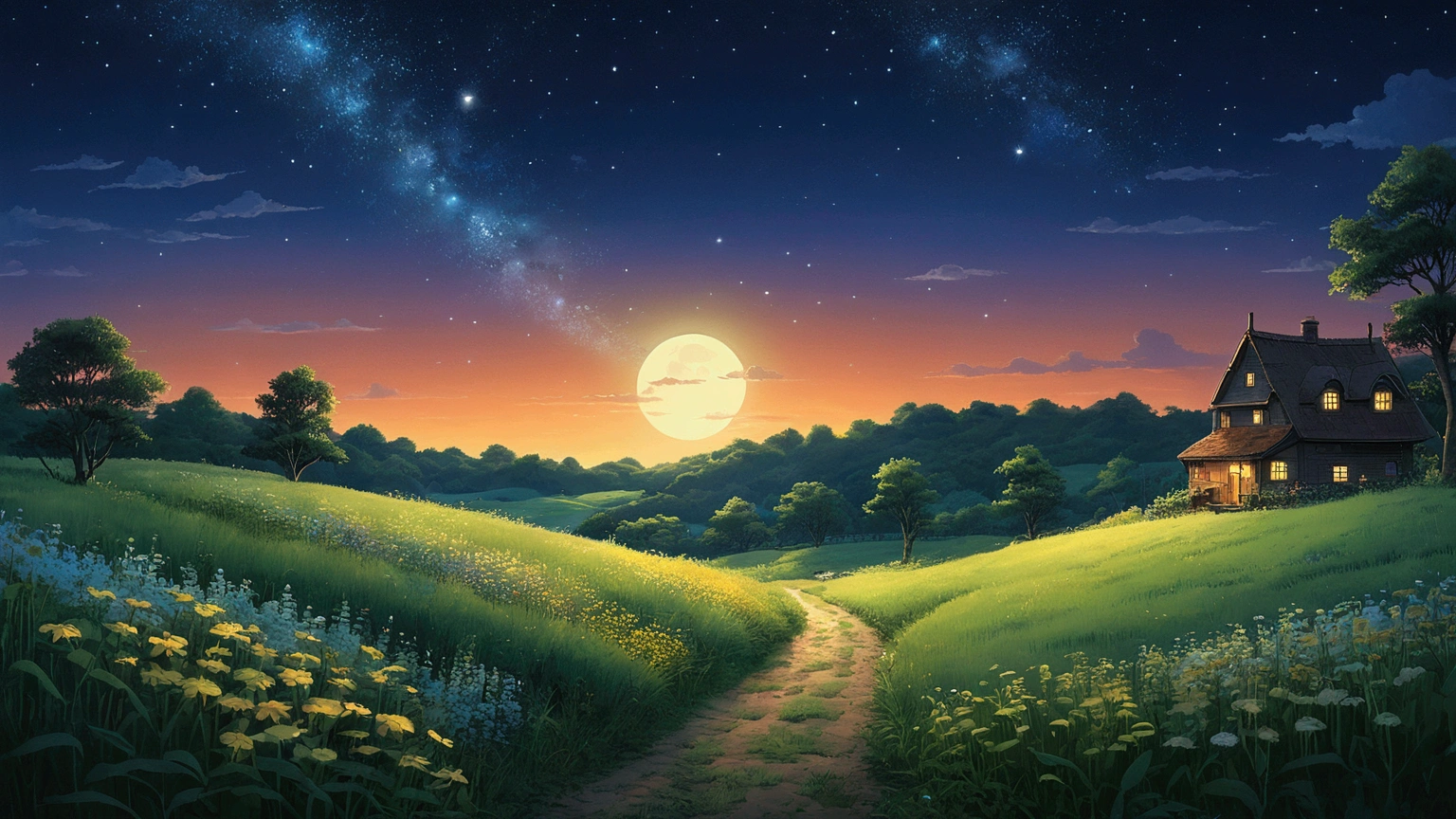 in the farm meadow , ((firefly, wild flower)), night time, bueatiful night, (((small))) beautiful full moon、Ghibli style、My Neighbor Totoro Scenery