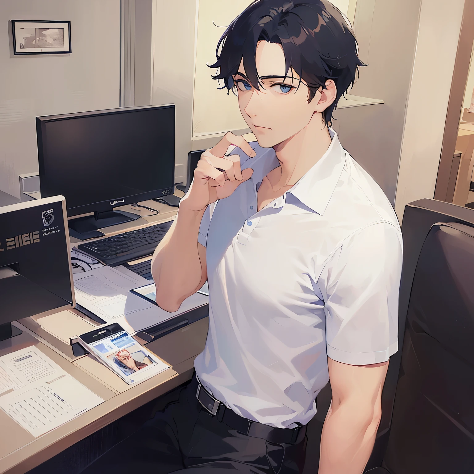 masterpiece,Highest quality,BREAK (A 29-year-old man:1.5) and (Black short hair) and (Blue eyes)BREAK,White short-sleeved polo shirt,The background is the company reception desk.,(nervous),Alone,(Placing hand on chest),(Biologically correct５Finger)