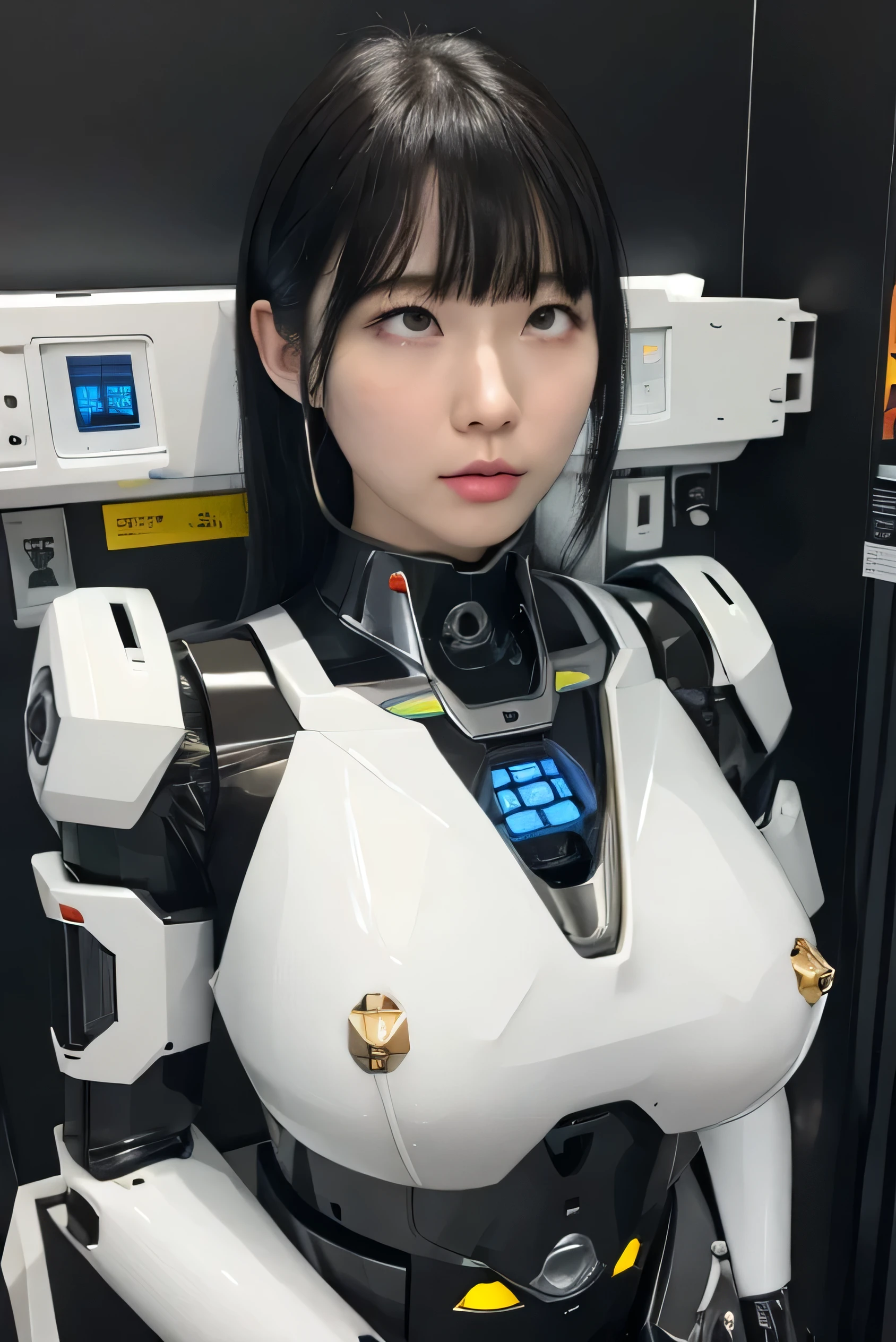 masterpiece, best quality, extremely detailed, Japaese Cyborg girl,Plump , control panels,android,Droid,Mechanical Hand, Robot arms and legs, Black Robot Parts,Black hair,Mechanical body,Blunt bangs,White robotics parts,perfect robot girl,long tube,thick cable connected her neck,ceramic body ,mechanical body, mechanical ear cover, mechanical costume,android,robot,humanoid,cyborg,japanese android woman ,mechanical chest,rolling eyes,future laboratory,connecting a cable between the legs,hypnosis