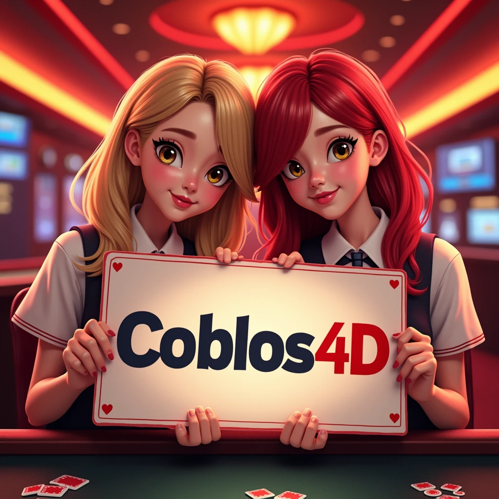 two beautiful women wearing high school uniform indonesian holding up a sign "coblos4d regist now", text fit with sign, teasing smile, happy, photorealistic, red casino background, big breast, cleavage, standing behind poker table, asian girls,white skin, blonde, wave hair, red hair, real cartoonish,