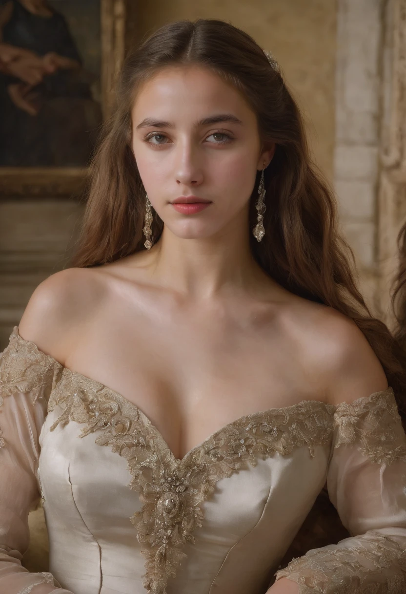 (highres,masterpiece:1.2),(realistic:1.37), A portrait of a Jewish girl in the 20th century with unparalleled beauty. age 14, eldest daughter of a wealthy merchant, The lighting is soft and diffused, accentuating the girl's ethereal beauty. The colors are vibrant and rich, creating a captivating visual experience. The portrait is created in the style of classical portraiture, reminiscent of the works of renowned artists from the era. It exudes elegance, grace, and sophistication. A great masterpiece of the century, you can even feel the breath of the lively girl , hyper breasts,gigantic breasts,large breasts