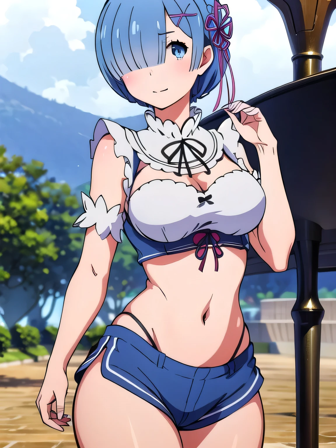 all realistic intricate details, masterpiece, best quality, highres, rem1, 1girl, solo, rem \(re:zero\), blue hair, short hair, red eyes, hair over one eye, ribbon trim, hair ribbon, x hair ornament, frills, crop top white, denim shorts,medium breasts, cleavage, sedection pose , hair flower, outdoor, standing, smile, perfect background, perfect light, front angle.