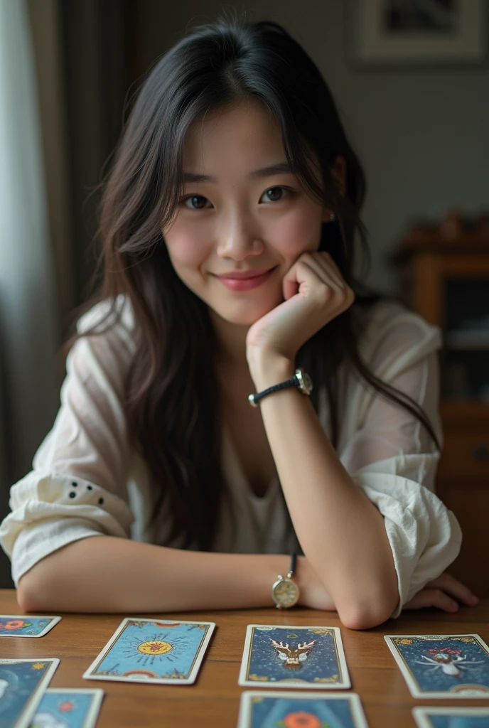 Selfie style。Tarot cards on the table。A fair-skinned young Japanese woman taking a selfie with tarot cards in front of her。Smiling。