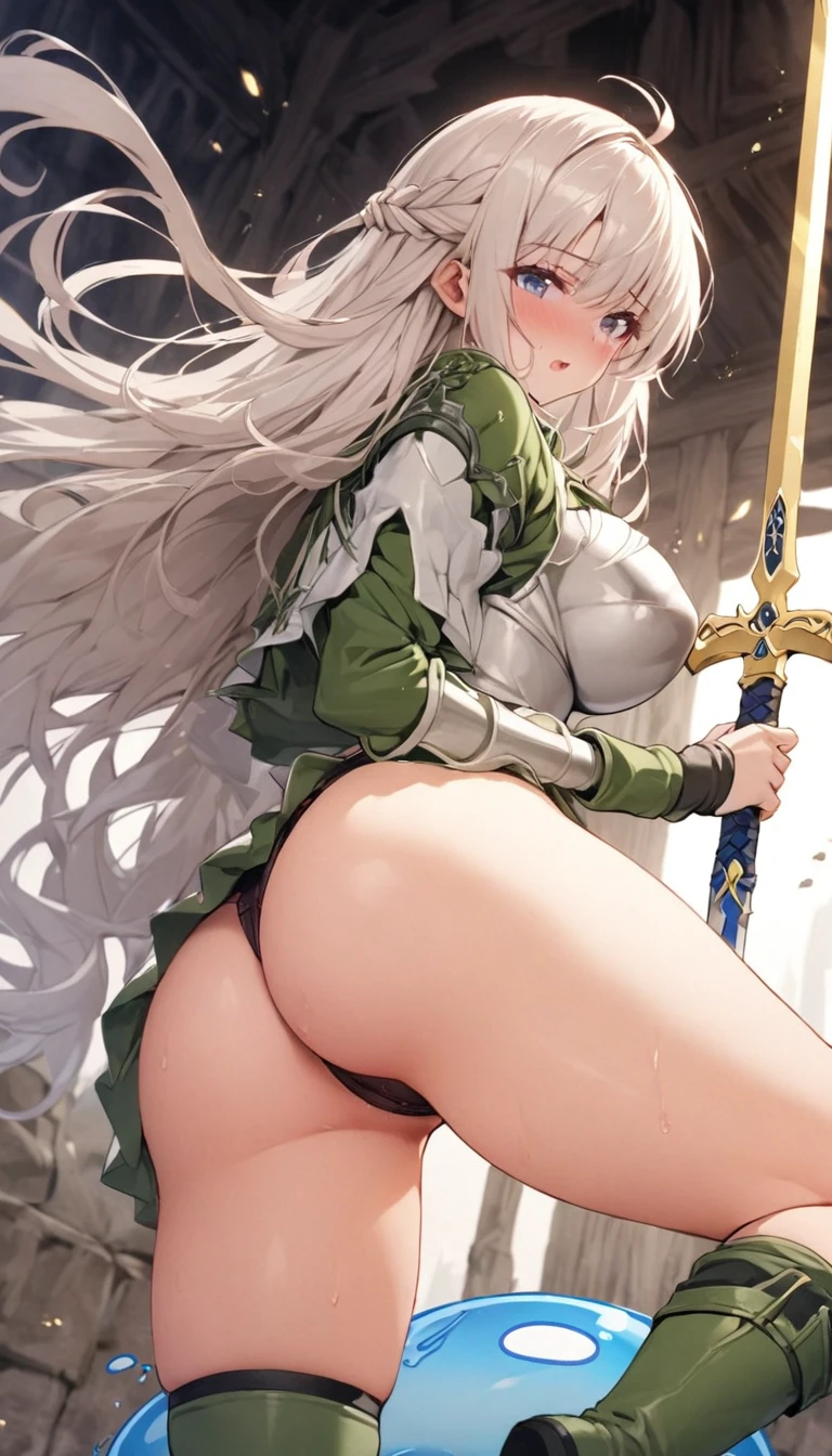 Ultra-high definition image quality、beautiful girl、Female Swordsman、Light Armor、Green Boots、Long Hair、Silver Hair、20-year-old、have confidence々face、Very short tight skirt、Sexy stance、Cowgirl、wilderness、Highest quality,Big Ass、Big Breasts、Thighs、Grasping the hilt of the holy sword Excalibur、Black panties、Kick off with your feet and jump、Joan of Arc style clothing、Wind King Barrier、Her hair is fluttering in the wind、The Sword of Promised Victory、god々Wearing a bright aura、Big Ass、Valkyrie the War Maiden、Ass Super Close-up、Angle from directly below、Being violated by slime