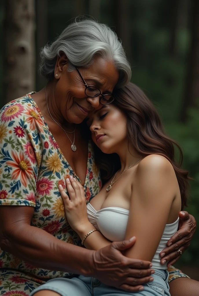 Create a realistic image of a 90 year old lady, who has black skin, that is fat, who is wearing a floral dress and wearing glasses. She is carrying a white-skinned adult woman on her lap., AT 35 YEARS OLD, Long brown hair, who is wearing a white bra and denim shorts