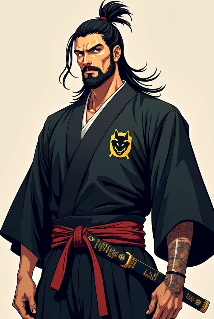 Animé, homme 30 ans, Samurai avec chignon, barbu, infirme (bras gauche), vêtement kimono noir (avec logo d’une tête de loup avec deux sabre), on voit son corps complet
