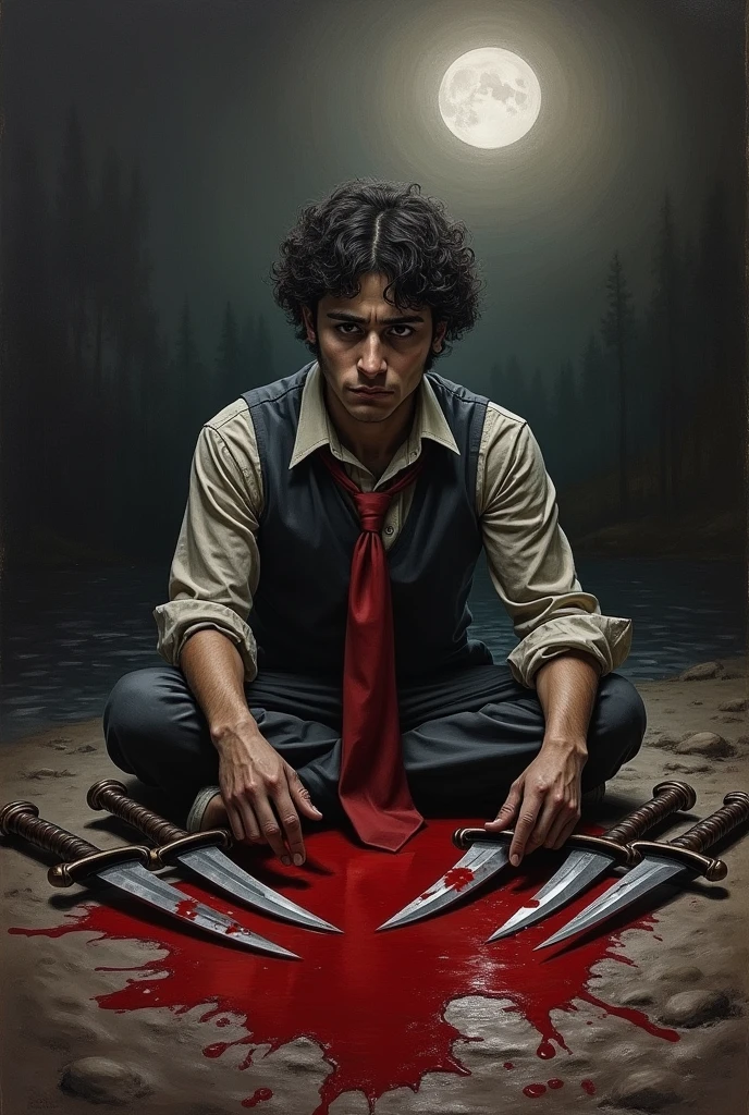 ### **1. representation of "Muerte de Antonio el Camborio":**
- **Antonio**: Dibuja una figura central que represente a Antonio el Camborio, a young gypsy. You could show it with an expression of pain or resignation..
- **Blood and Daggers**: Rodea a Antonio con símbolos de violencia, like four bloody daggers or a blood stain in the shape of a crimson tie, symbolizing his tragic destiny.
- **dark environment**: Coloca a Antonio en un paisaje sombrío, perhaps on the banks of the Guadalquivir River (mentioned in the poem), with a moon or night sky that adds to the tragic tone.
.
