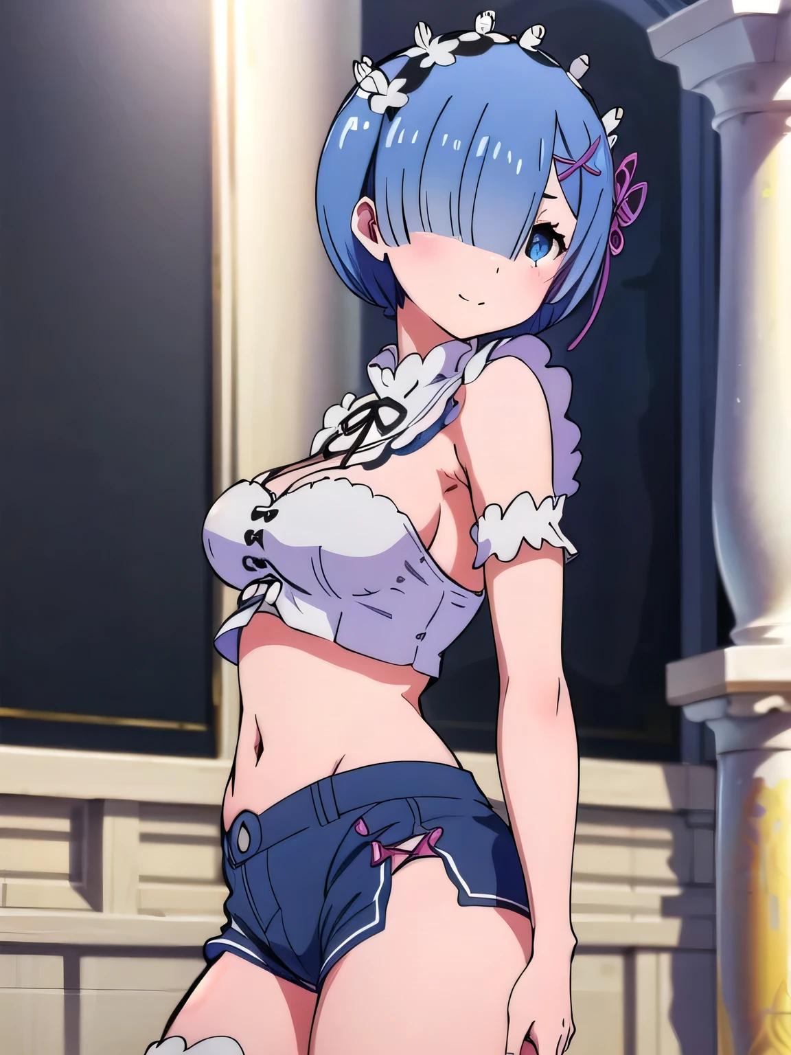 all realistic intricate details, masterpiece, best quality, highres, rem1, 1girl, solo, rem \(re:zero\), blue hair, short hair, red eyes, hair over one eye, ribbon trim, hair ribbon, x hair ornament, frills, crop top white, denim shorts,medium breasts, cleavage, sedection pose , hair flower, outdoor, standing, smile, perfect background, perfect light
