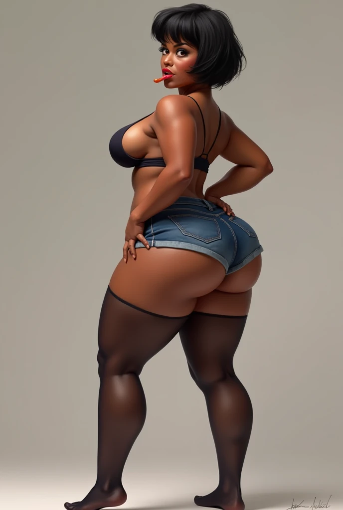 Huge boob,huge ass, thick thigh, hand on own ass,spread legs ,stocking,ass focus,squatting pose,dark skin, short jean , bikini top,short hair,bite a lip