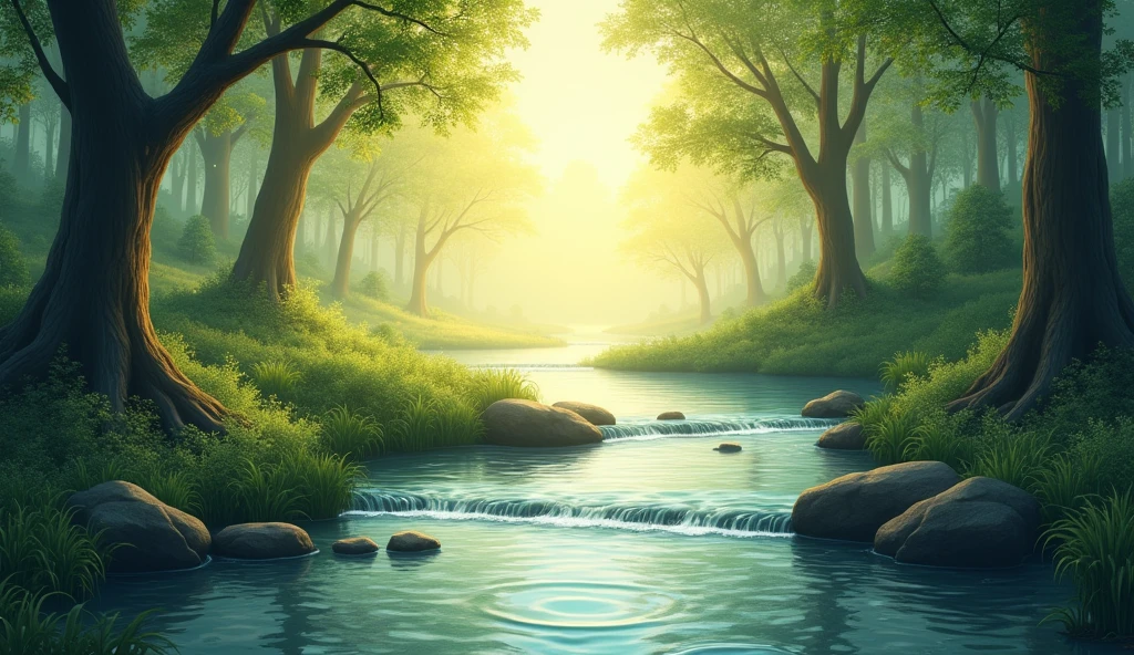 I capture quiet moments in nature...。wood々Imagine a peaceful landscape bathed in soft morning light..。.。Gentle meandering current、ล้อมรอบด้วยแมกwoodเขียวขจี。The overall atmosphere is peaceful and connected to the natural world..、Emphasizing the beauty and tranquility of outdoor moments,Water flows through rocks