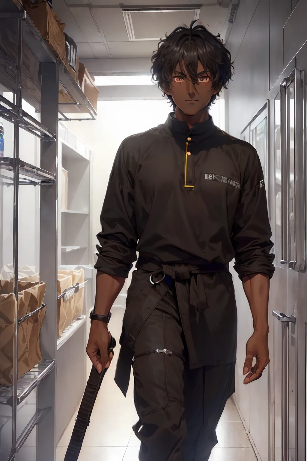 (Young 17-year-old boy, with average physical appearance and a height of 1.80 m. (Dark skin color: 2.0), his eyes are brown and his hair is short, black and curly. His face has mixed features, with a nose thick and flat, and a large but somewhat thin mouth. His build is athletic and well-defined, with evident muscles. He walks with confidence, his expression serious, but his eyes shine with a restrained energy. catching the attention of everyone around him.)