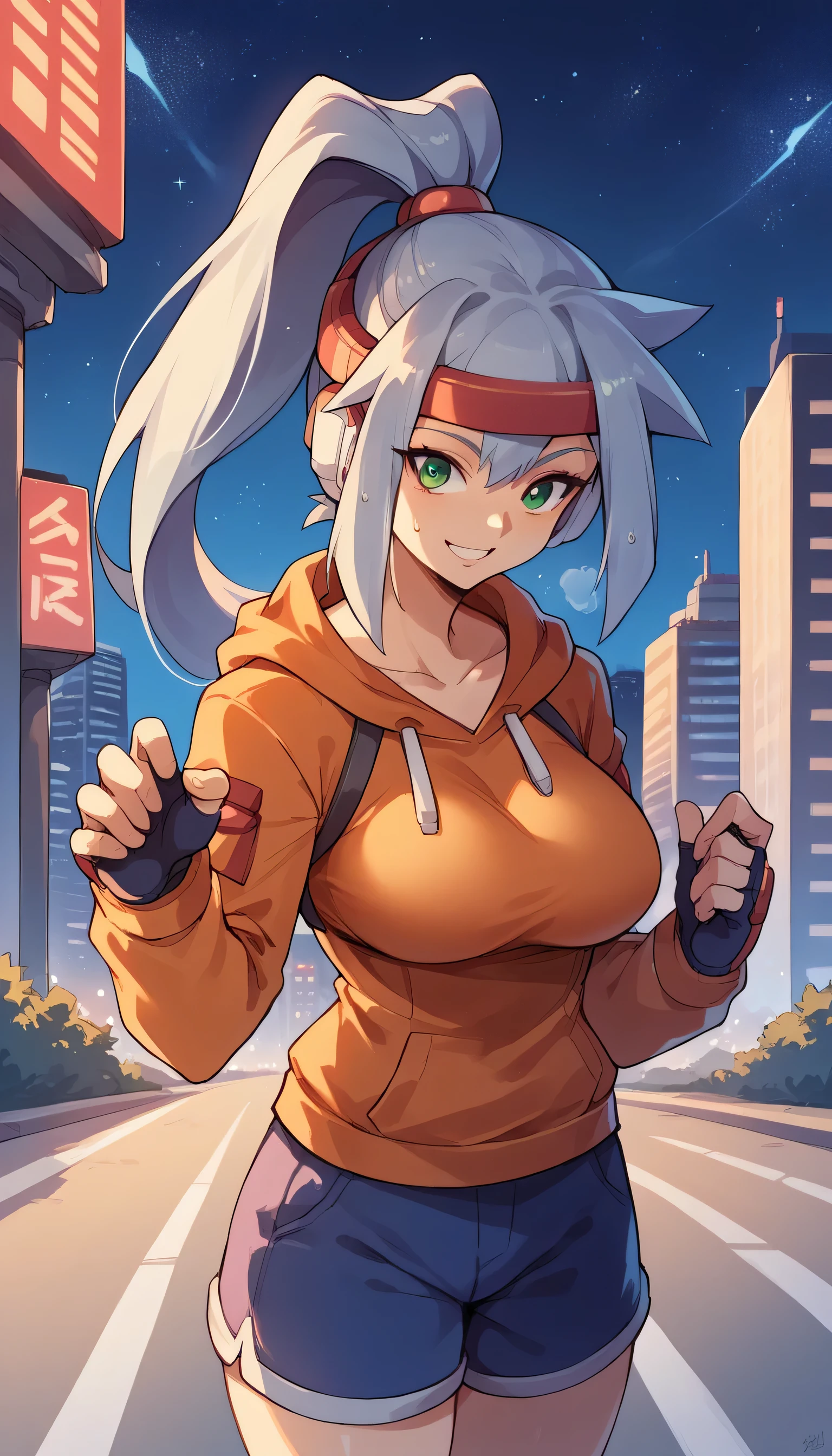 headphones, city, building, skyscraper, cityscape, earmuffs, night, 1girls, female focus, star \(sky\), solo, shoes,  street, city lights, outdoors, sky, hoodie, shorts, starry sky, night sky, sneakers, skyline, hood, road, tower,Looking at the viewer,large breast,breasts, 1girl, breast, solo, smile, sweat, collarbone, upper body, large breasts, close-up,Ashe(megamanzxa),silver hair,green eyes,high ponytail,headband