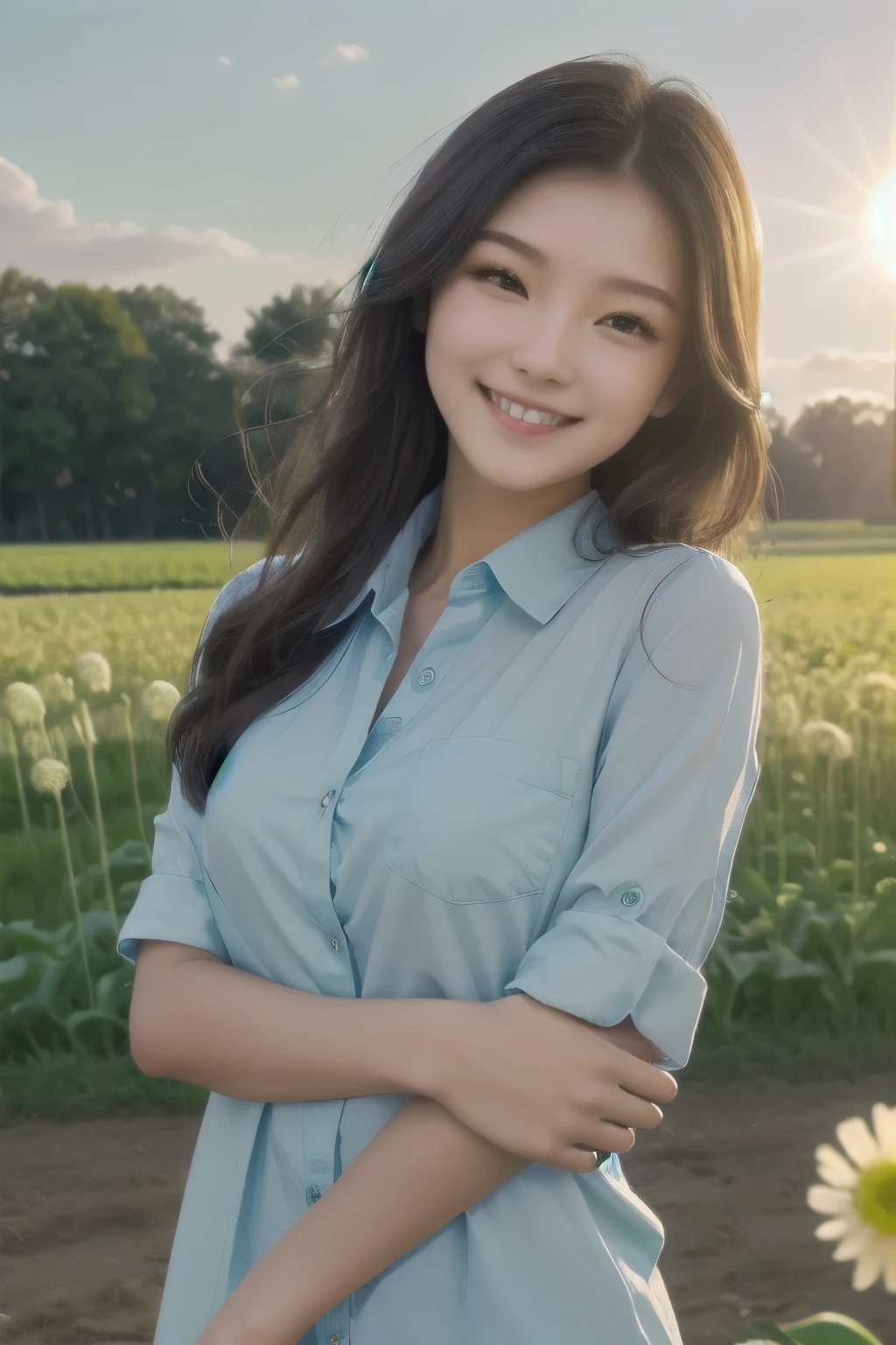 (zh-CN) Farmland, Morning dew, leisurely flowering dandelions, (1 beautiful girl), big smiling face under the bright sun, in light cotton clothes, blue shirt, Kind and natural,Girl with a slender body,Thin beautiful girl,slightly tanned skin,It's hot so I'm wearing light clothing.,Too beautiful girl,(Flat Chest),A date at an amusement park with playground equipment for children,Beautiful nipples,A beautiful girl with a slim figure,