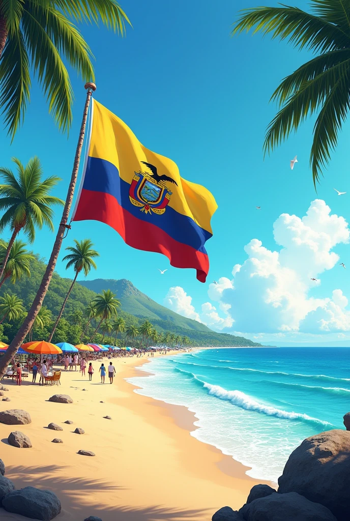 Make me a picture referring to beaches Villamil Ecuador Guayaquil on August 10th simple with the flag of General Villamil 

