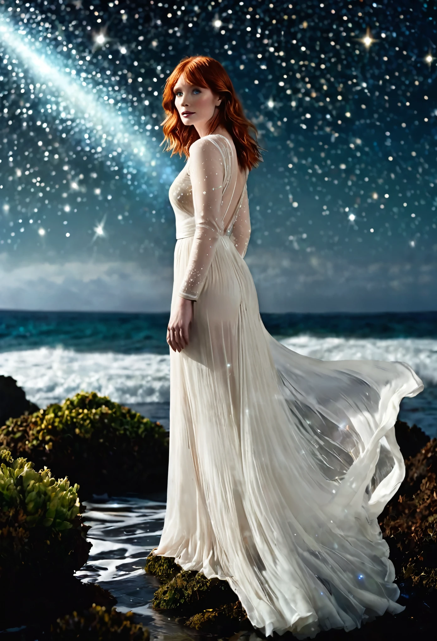 Bryce Dallas Howard (age 25, airy sheer white elegant gown), camera low looking up at her butt and a starry sky, a few tiny space ships fly across the sky, lush ocean world