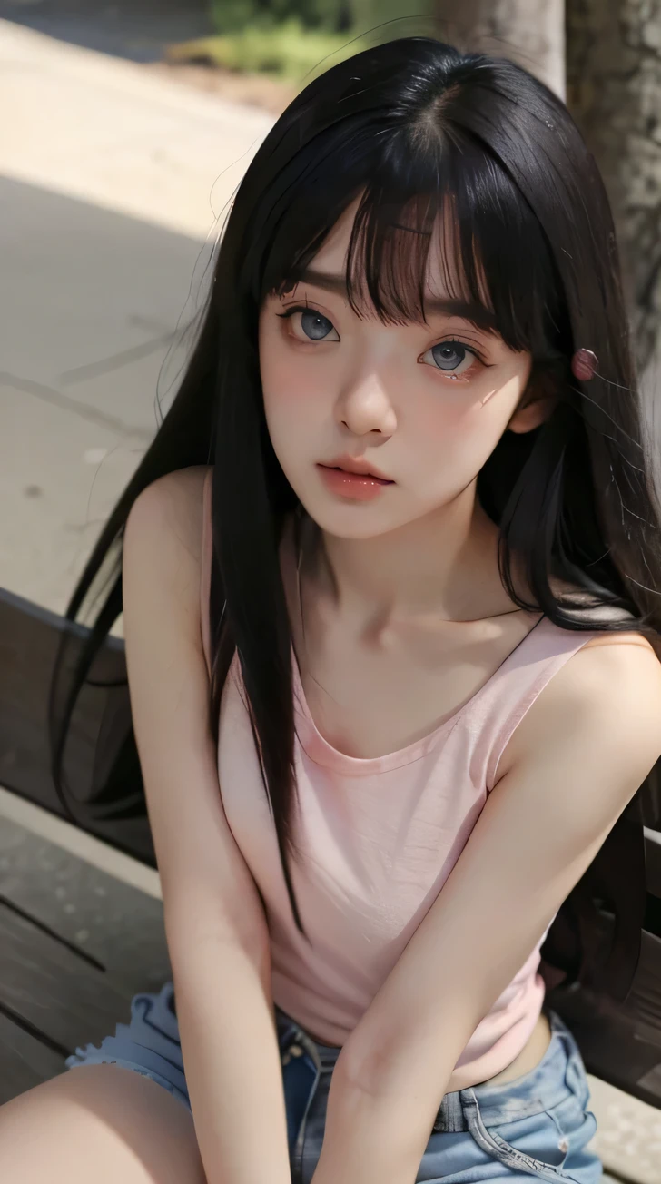 (masterpiece, best quality), stoic, ((looking at phone)), beautiful face, upper body, close up, brown eyes, swept bangs, brown hair, very long hair, pink tank top, jean shorts, sitting with legs crossed, hand on face, ((from below)), bench, willow tree, Sunrays, shade,